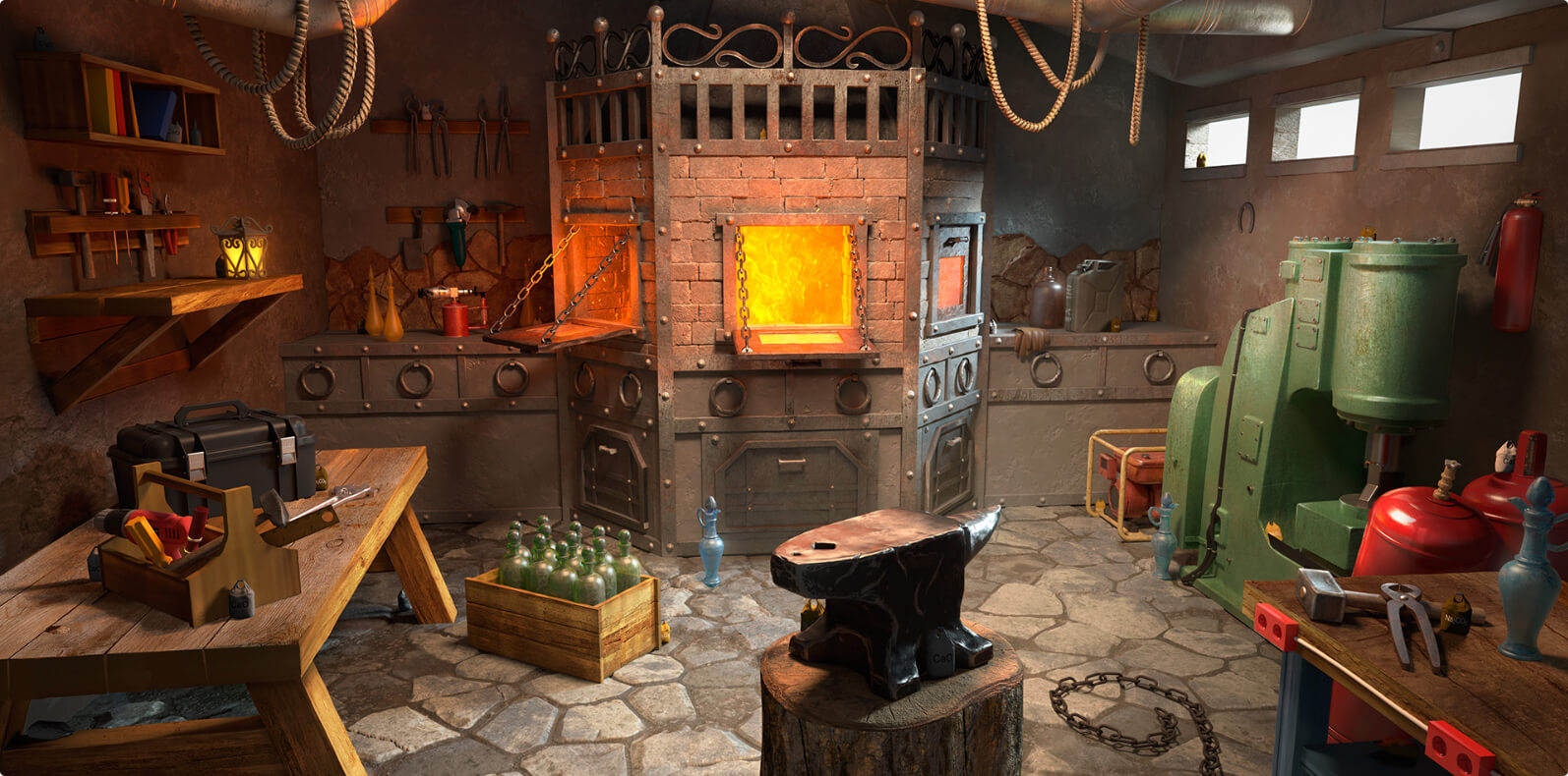 Game interior design, 3d modeling and rendering for a mobile game: Barn and Forge