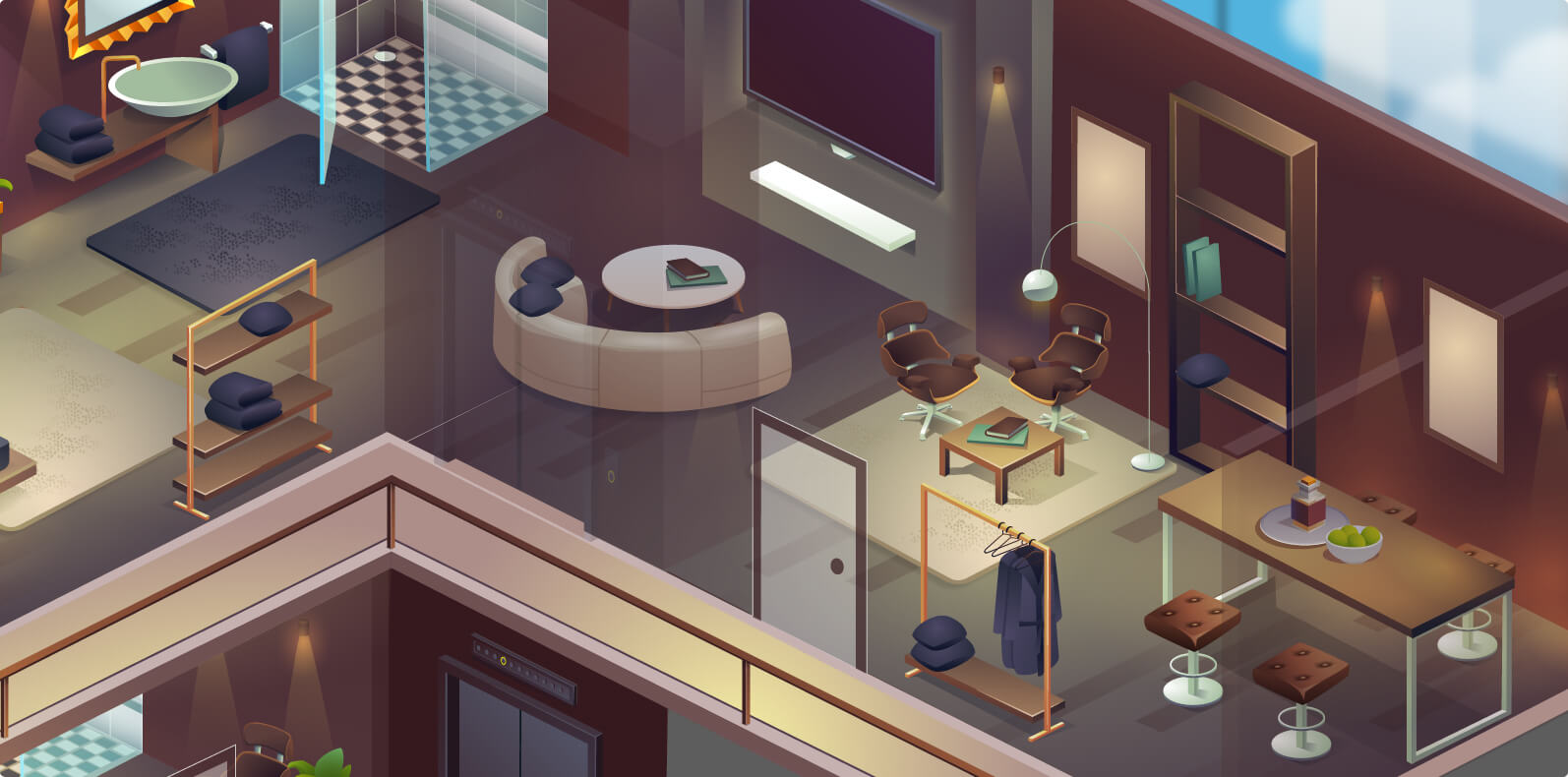 Hidden Hotel: areas, floors, rooms interior and furniture
